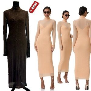 AFRM Los Angeles dark brown Shailene crystal Rhinestone embellished mesh Dress L